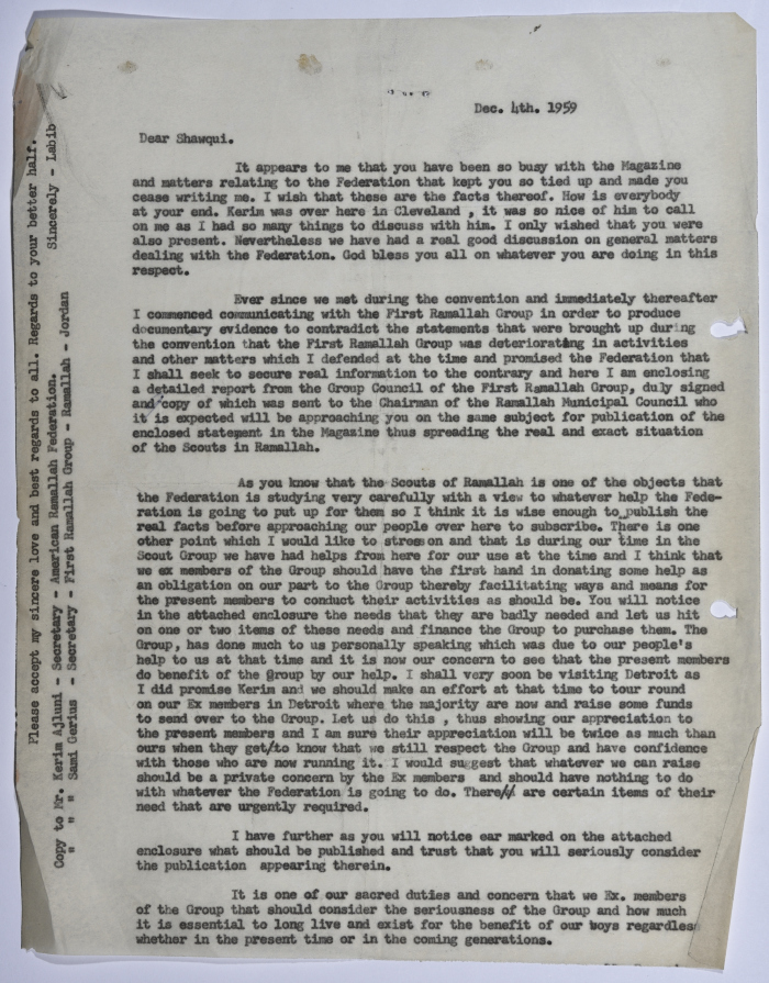 A Letter from Labib Hishme to Farid Shatara to Rebut the Claim that the Scout Movement Activities are Declining in Palestine