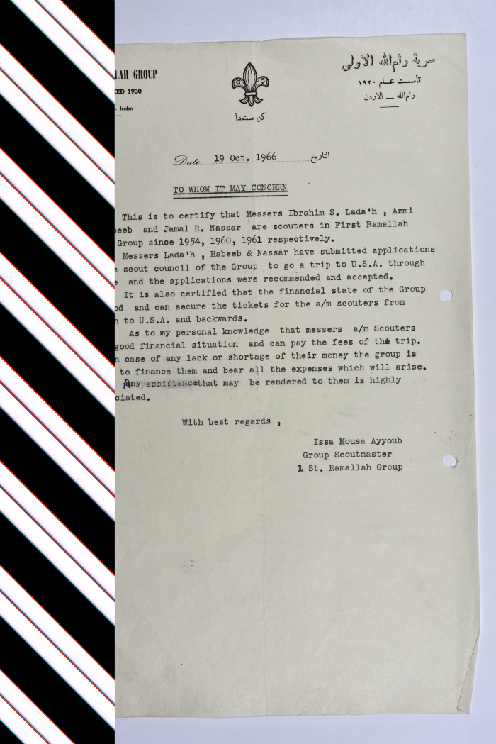 A Visa Recommendation Letter from the Scoutmaster of Sareyyet Ramallah for Ibrahim al-Ladʿa, ʿazmy Habib, and Jamal Nassar