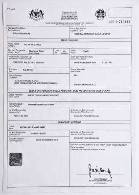 The Death Certificate of Salah Ayyad