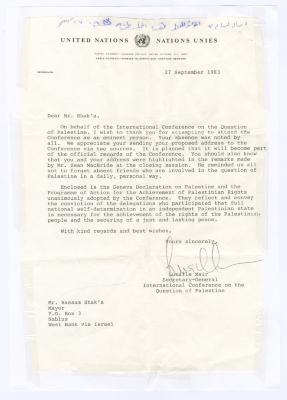 A Thank-You Letter from Lucille Mair to Bassam Shakaa for Attempting to Attend a Conference on the Question of Palestine, 27 September 1983