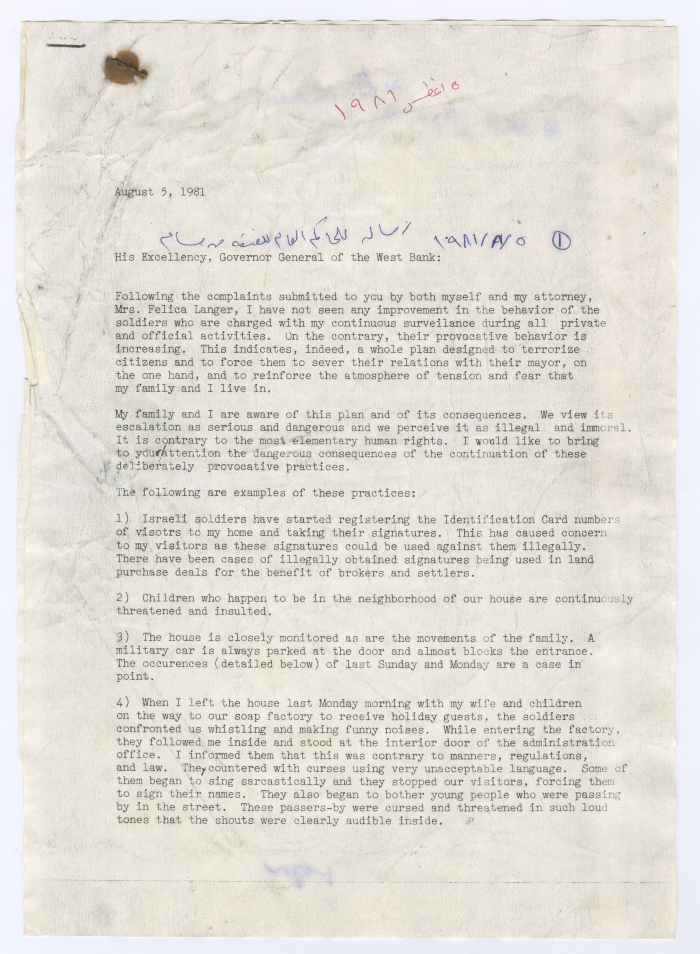A Letter from Bassam Shakaa to the Governor General of the West Bank, 5 August 1981