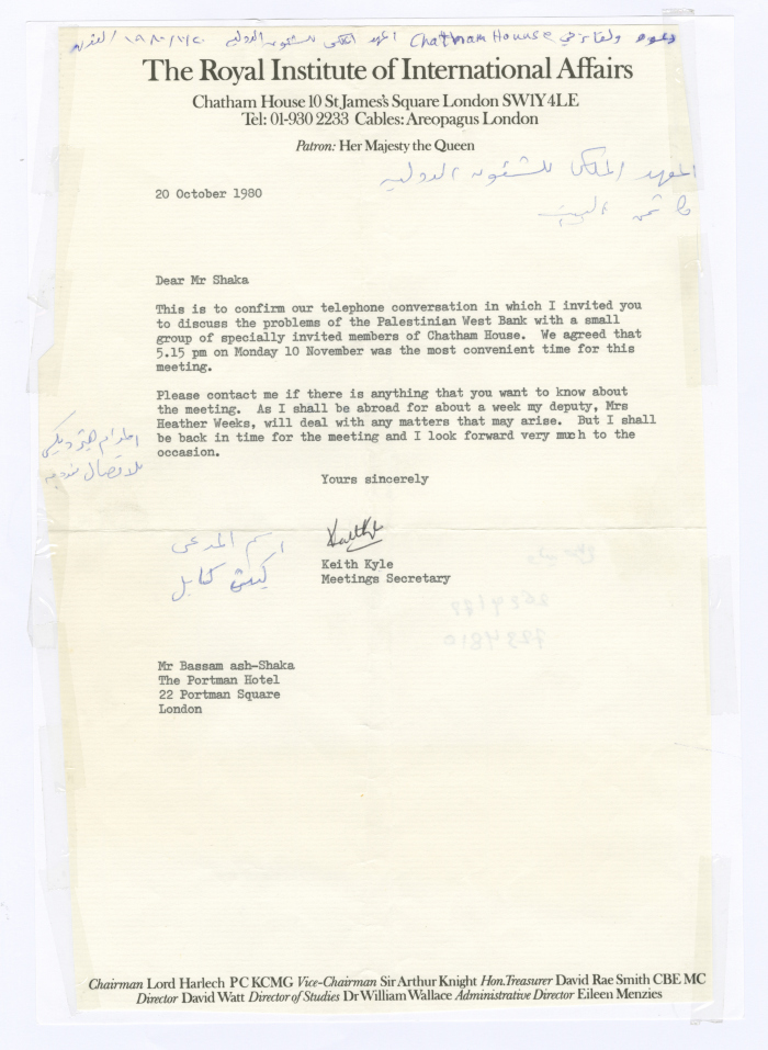 A Letter to Bassam Shakaa from the Royal Institute of International Affairs, 20 October 1980