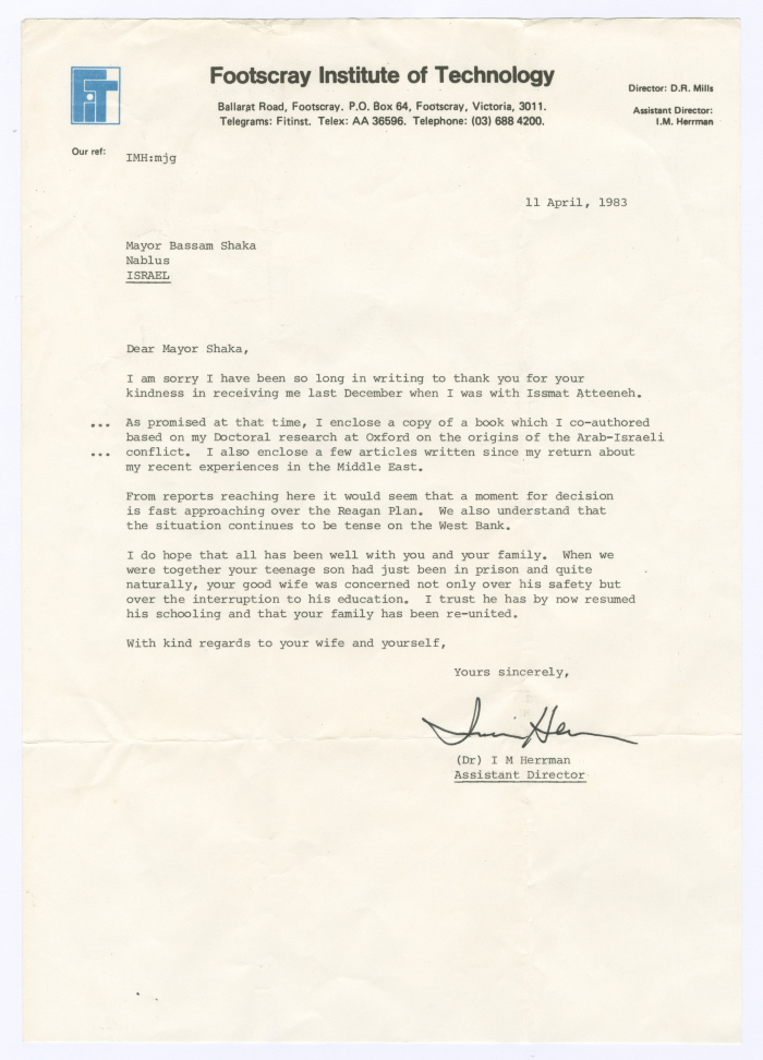 A Letter to Bassam Shakaa from I. M. Herrman, 11 April 1983