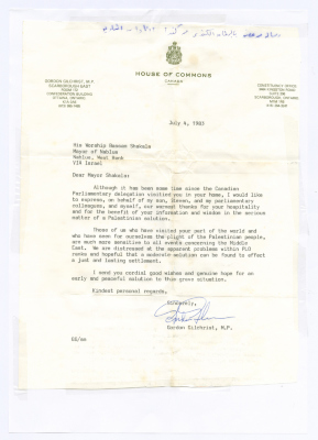 A Thank-You Letter to Bassam Shakaa from a Member of the Canadian Parliament, 4 July 1983