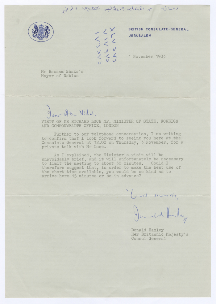 A Letter to Bassam Shakaa from the British Consulate-General in Jerusalem, 1 November 1983