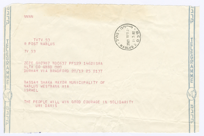 A Telegram from Uri Davis to Bassam Shakaa, 29 March 1982
