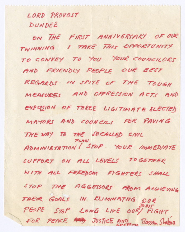 A Letter from Bassam Shakaa to the Governor of the Scottish City of Dundee