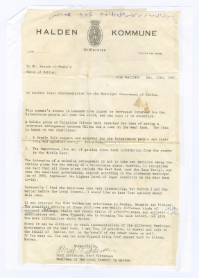 A Letter to Bassam Shakaa from the Local Council in Halden, 23 December 1982