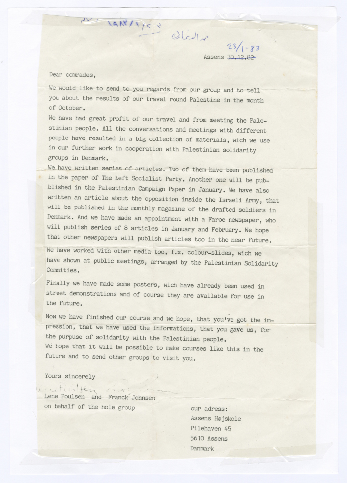 A letter from Denmark regarding a cultural cooperation between youth groups