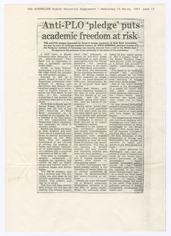 ''Anti-PLO Pledge Puts Academic Freedom at Risk'', a Clipping from the Australian Higher Education Supplement, 16 March 1983 