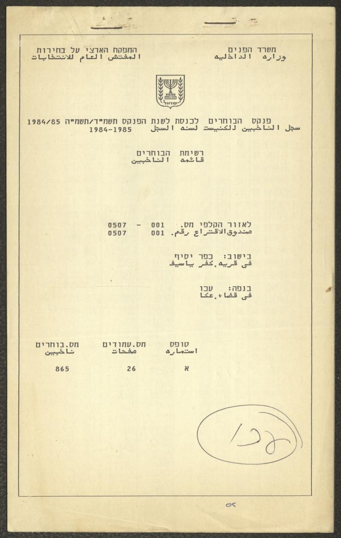 Knesset Voter Registry in the Village of Kafr Yasif, 1984-85