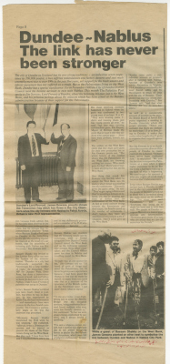 A Newspaper Clipping of an Article on the Twinning between the Municipality of Nablus and the Dundee City Council in Scotland