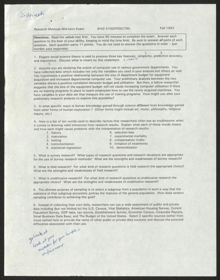 Research Methods Midterm Exam, 1993