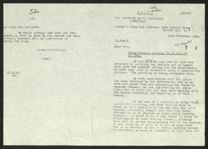 A Letter from London to Aouni Abdel-Hadi, 21 November 1944