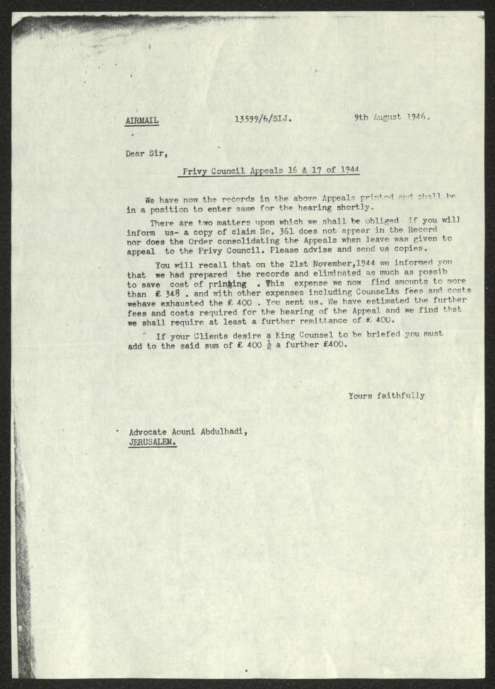 A Letter from London to Aouni Abdel-Hadi, 9 August 1946
