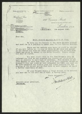 A Letter from Stoneham to Aouni Abdel-Hadi, 9 August 1946