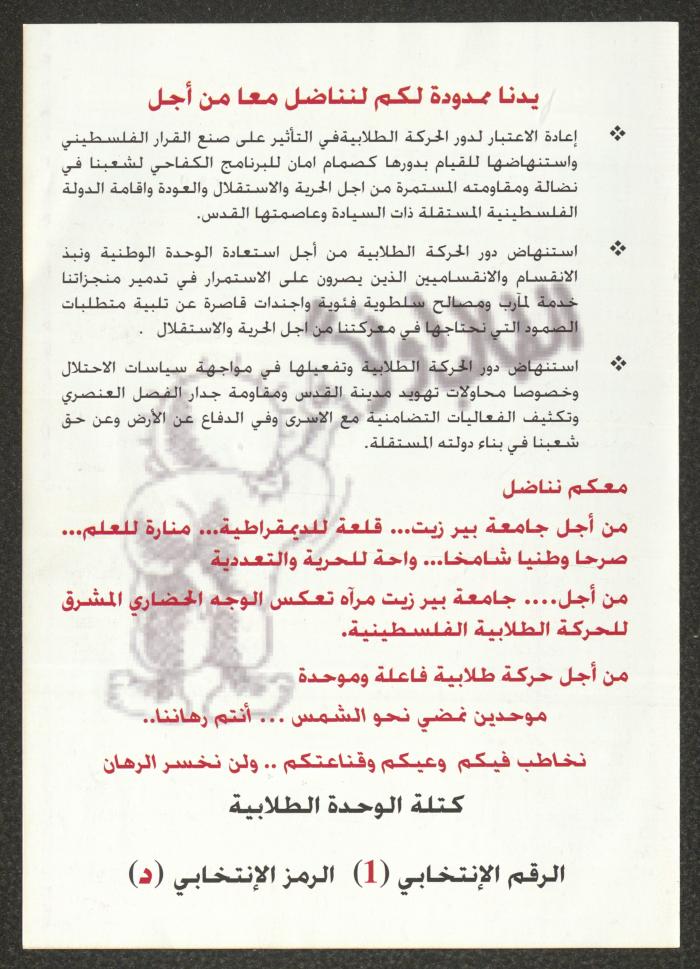 The Electoral Program of the Student Unity Bloc at Birzeit University