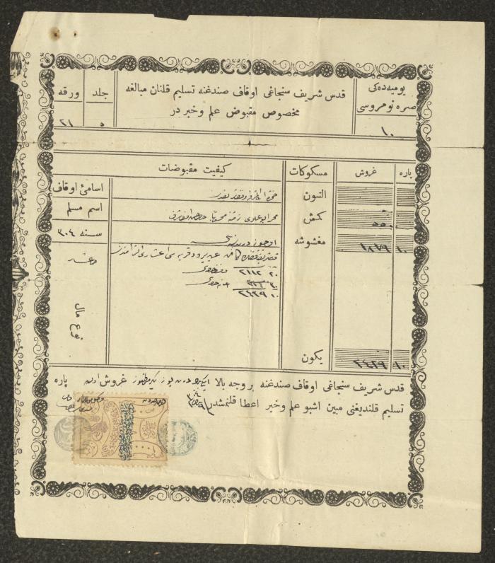 سند قبض ضريبة العشر أصدرها محمد العلوي، أوقاف القدس، 1887