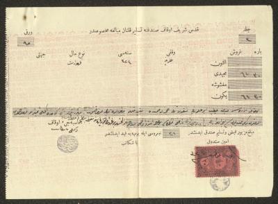 سند استلام ضريبة العشر باسم محمد العلوي، دائرة الأوقاف، القدس، 1906