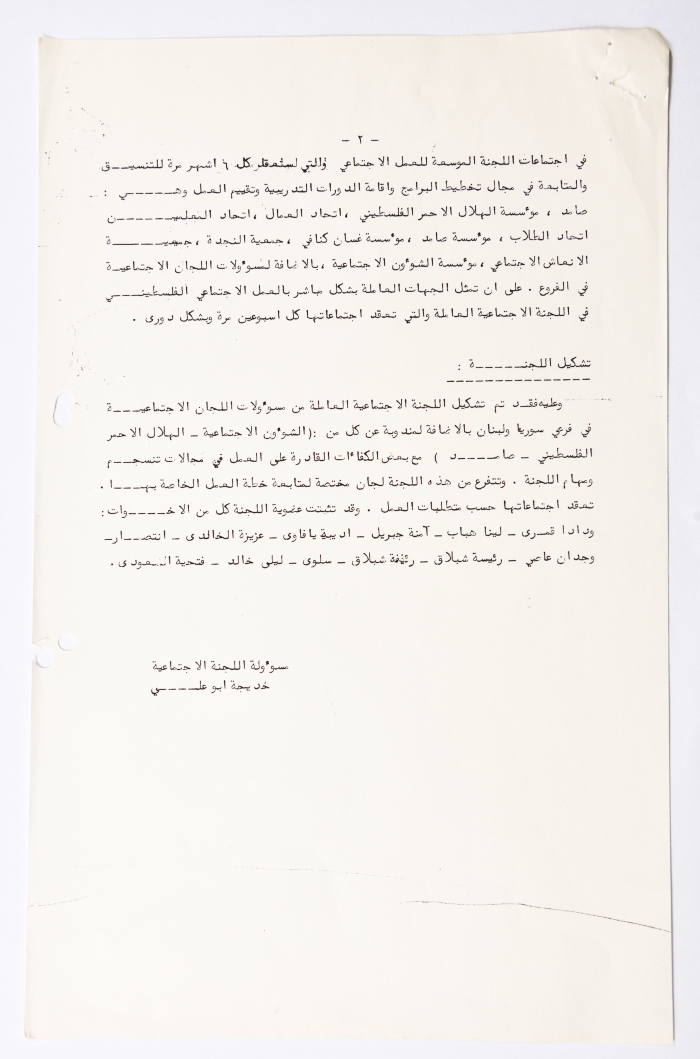 Plan of action of the Social Committee of the General Union of Palestinian Women