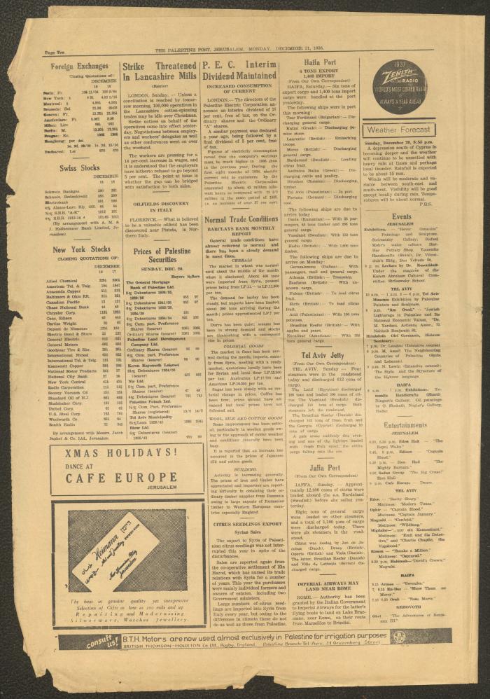 جريدة بالستاين بوست، 21 كانون الأول 1936