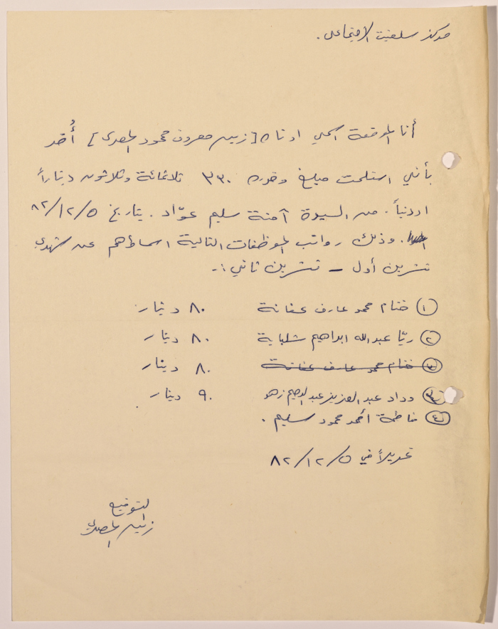 A letter from the Federation of Charitable Associations of Nablus and the district of Jenin to the Salfeet Women Charity