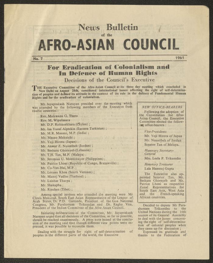 A Newsletter Issued by the Afro-Asian Council, No. 7, India, 1961
