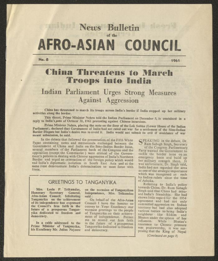 A Newsletter Issued by the Afro-Asian Council, No. 8, India, October 1961
