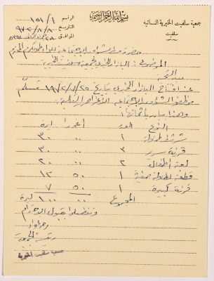 رسالة من رئيسة جمعية سلفيت الخيرية إلى مدير الشؤون الاجتماعية للواء طولكرم  بخصوص بازار خيري في الجمعية 