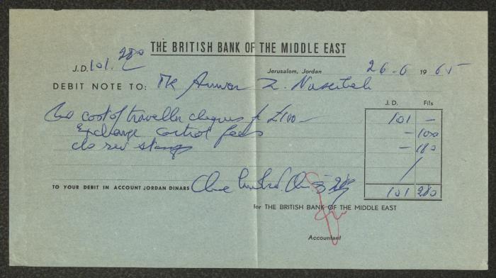 A Debit Note Issued by the British Bank of the Middle East to Anwar Nusseibeh, Jerusalem, 26 June 1967