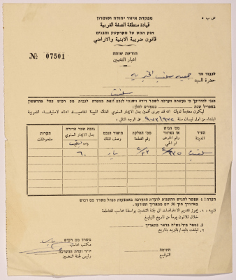Letter to the head of Salfeet Women Charity from the department of land and building taxes.
