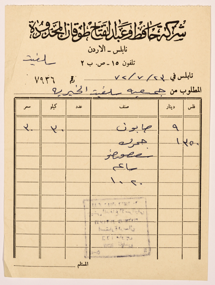 Procurements invoice for Salfeet Women Charity from Hafez and Abul-Fatah Touqan Co Ltd.