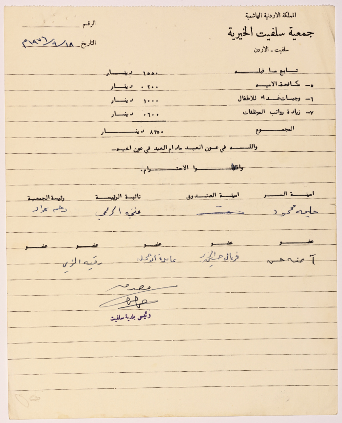 رسالة شكر من رئيسة جمعية سلفيت الخيرية إلى مدير شركة الزيت العربية الأمريكية (أرامكو) بخصوص تقديم المساعدات للجمعية 