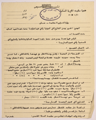 Letter from the manager of Salfeet Women Charity to the Ministry of Social Affairs in Amman regarding the completed and proposed projects of the Charity