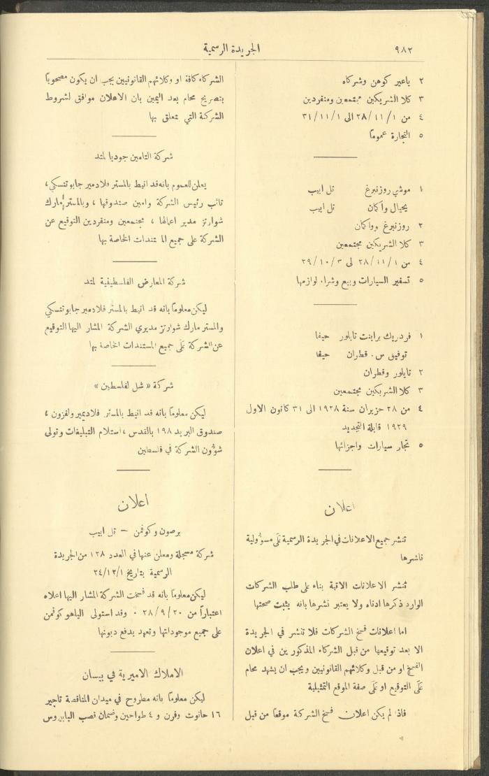 العدد 225 من جريدة فلسطين الرسمية، 16 كانون الأول 1928
