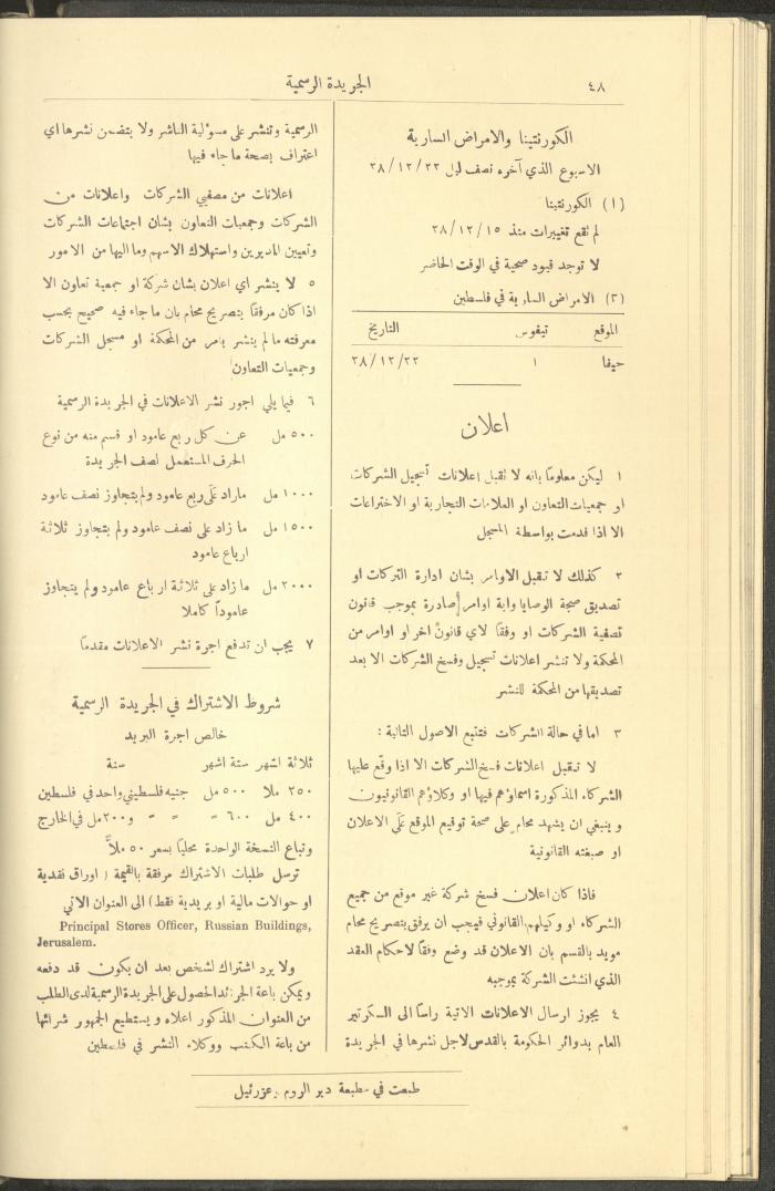 Issue No. 226 of the Official Palestine Newspaper, 1 January 1929