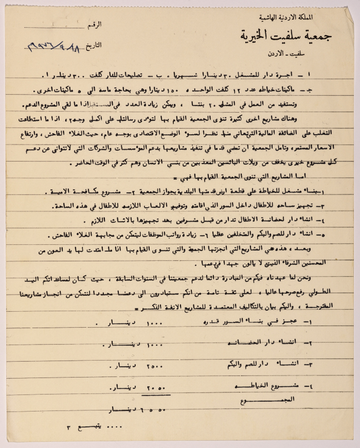 رسالة شكر من رئيسة جمعية سلفيت الخيرية إلى مدير شركة الزيت العربية الأمريكية (أرامكو) بخصوص تقديم المساعدات للجمعية 