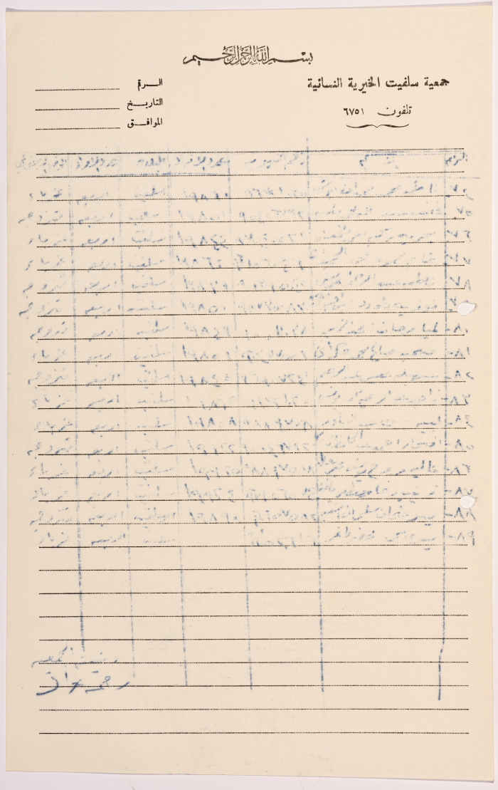 كشف بأسماء الدارسات  في صفوف محو الأمية التابعة لجمعية سلفيت الخيرية في شهر آب من عام 1979 