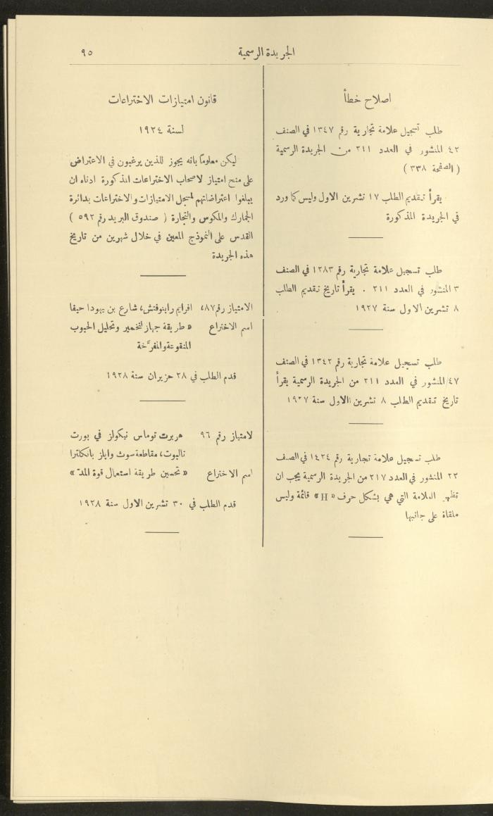 العدد 227  من جريدة حكومة فلسطين الرسمية،  16 كانون الثاني 1929