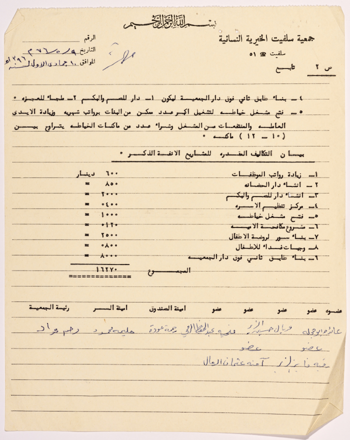 Letter from the manager of Salfeet Women Charity to the Ministry of Social Affairs in Amman regarding the completed and proposed projects of the Charity