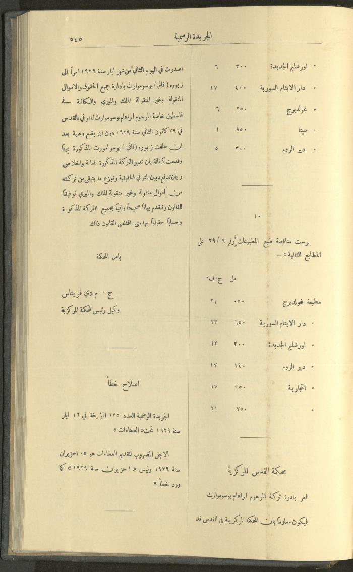 العدد 236 من جريدة حكومة فلسطين الرسمية، 1 حزيران 1929