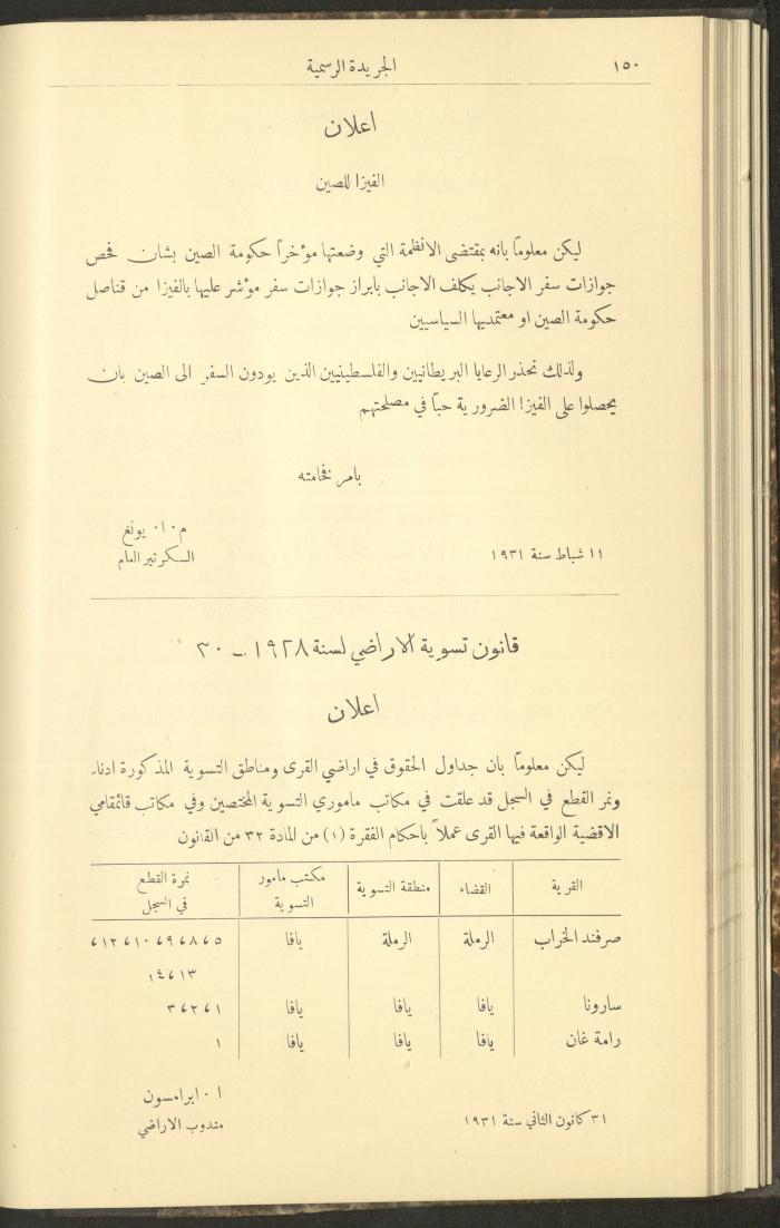 العدد 277 من جريدة حكومة فلسطين الرسمية، 16 شباط 1931