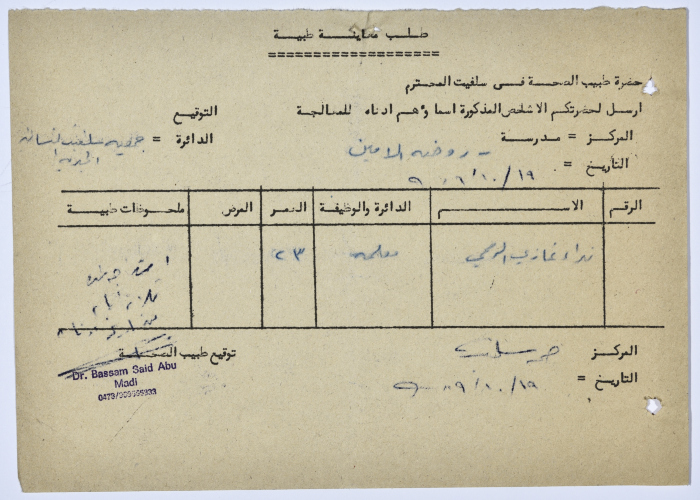 طلب معاينة طبية لإحدى الموظفات في جمعية سلفيت الخيرية 