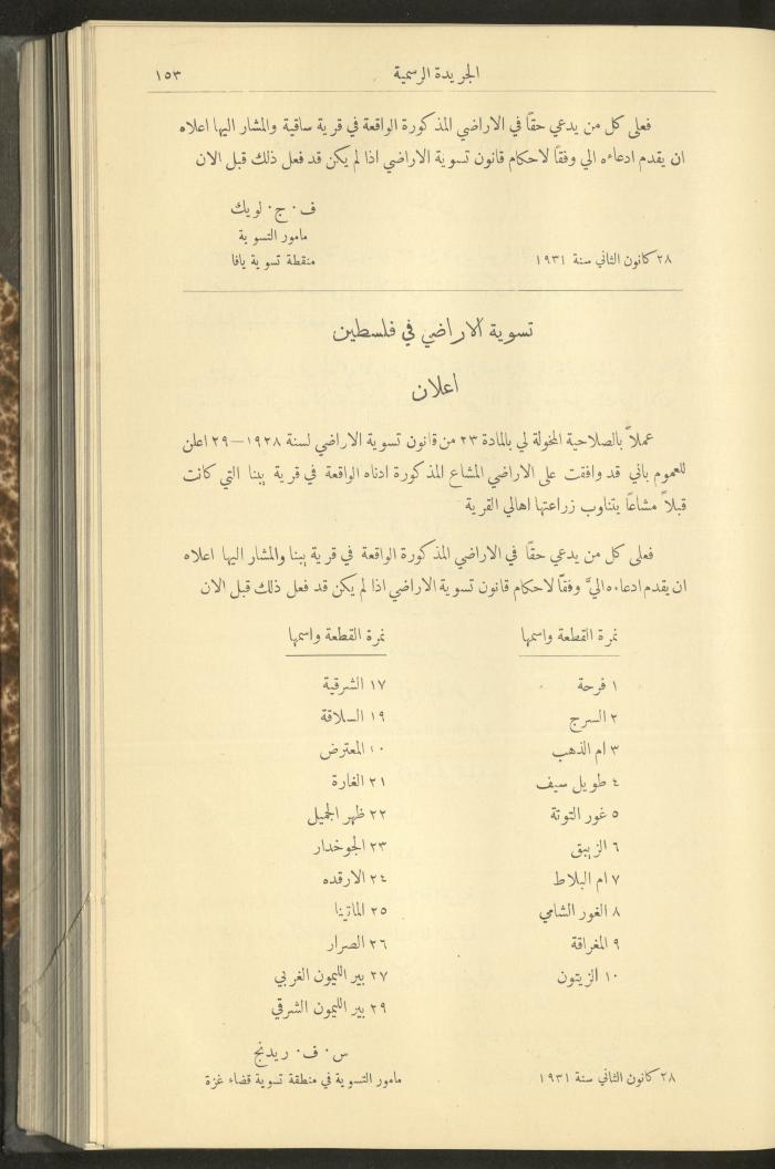 العدد 277 من جريدة حكومة فلسطين الرسمية، 16 شباط 1931