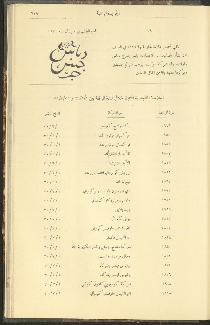 Issue No. 226 of the Official Palestine Newspaper, 16 June 1931
