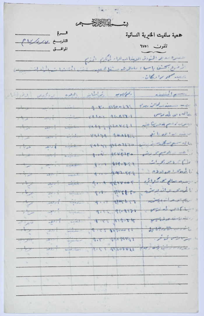 كشف بأسماء العاملات في مشغل الخياطة التابع لجمعية سلفيت الخيرية عام 1983 