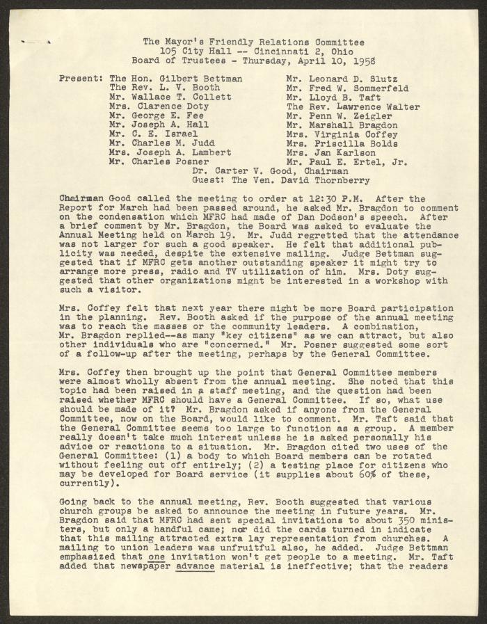 Minutes of the Board of Trustees of the Governor's Friendly Relations Committee Meeting, Cincinnati, 10 April 1958