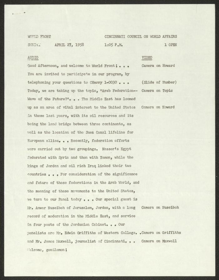 برنامج التغطية الإعلامية لأحد مؤتمرات مجلس سينسيناتي للقضايا العالمية، 1958 