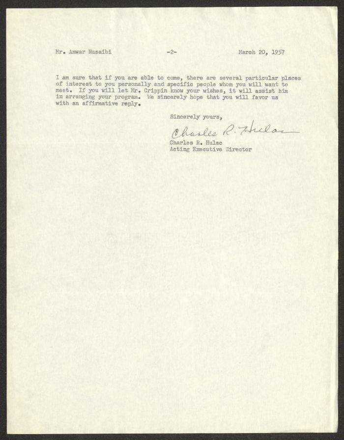 A Letter from Charles Hulak to Anwar Nusseibeh, New York, 30 March 1957