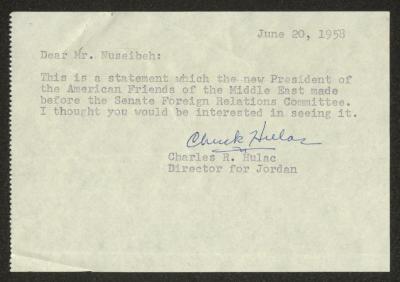 A Letter Addressed to Anwar Nusseibeh from Charles Hulac, 20 June 1958